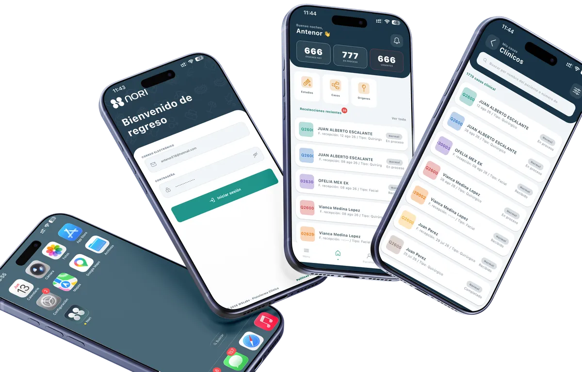 App móvil de Nori: inicio de sesión, panel y órdenes