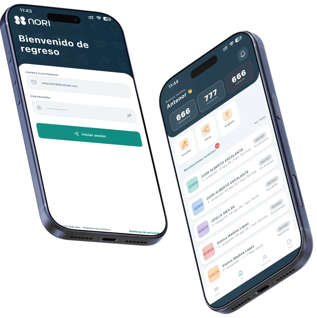 App de Nori: inicio de sesión y panel de órdenes del laboratorio