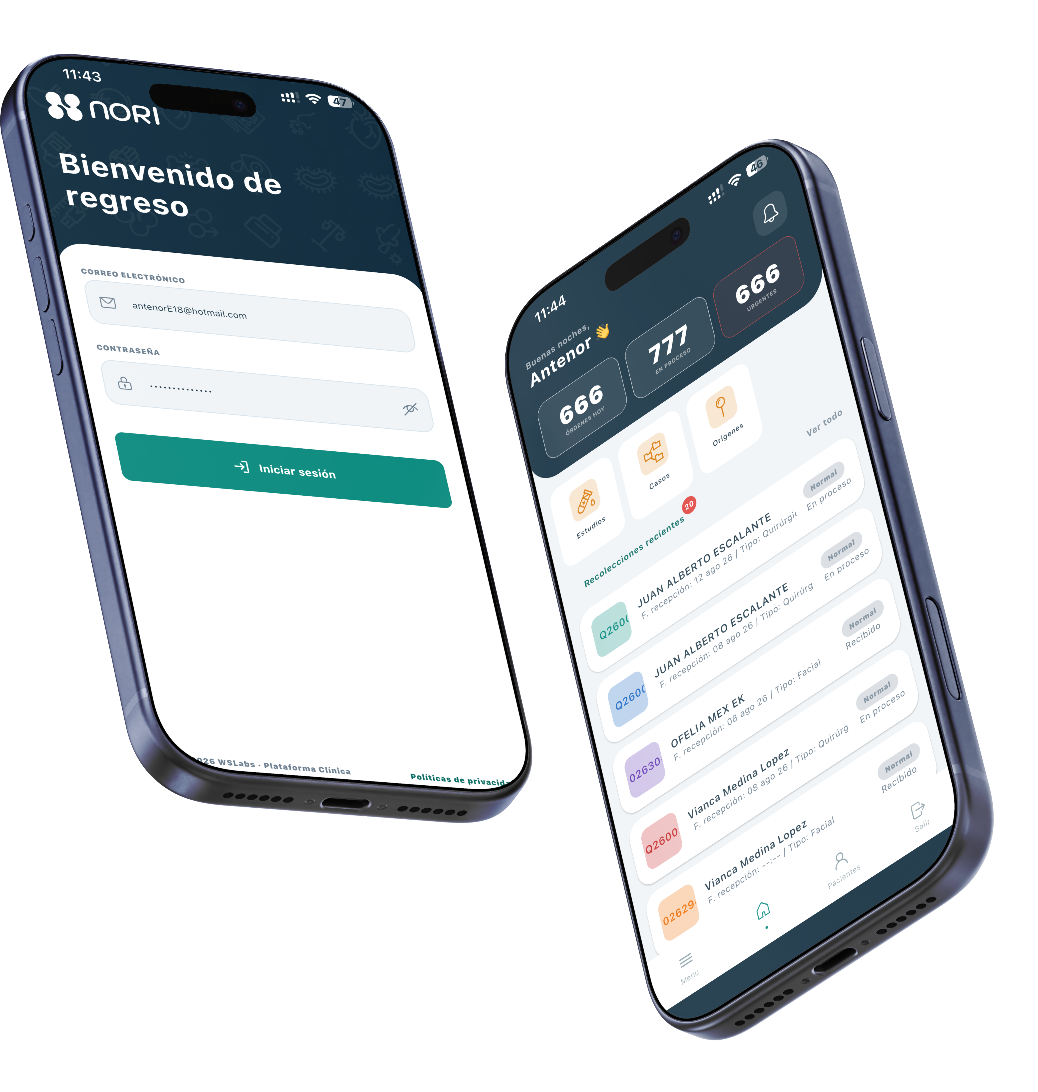 App de Nori: inicio de sesión y panel de órdenes del laboratorio